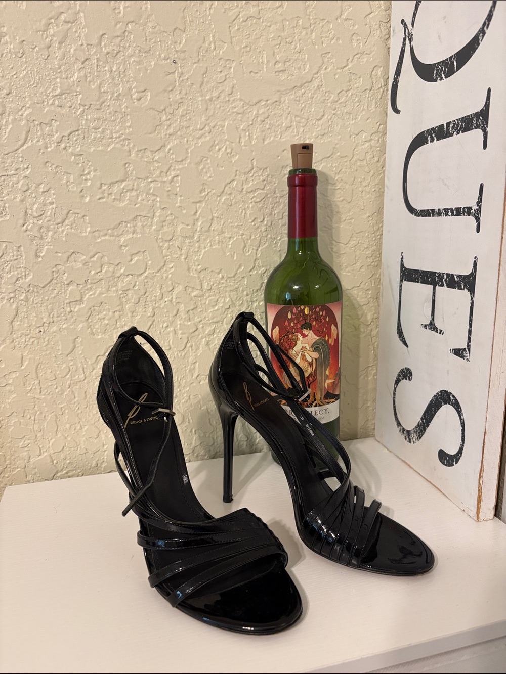 B Brian Atwood Black Patent Strappy Stiletto Sandals